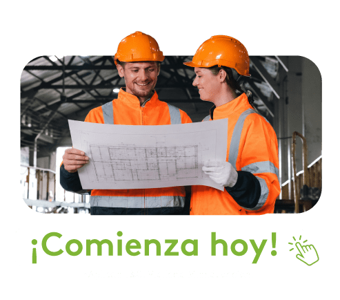 Dos ingenieros revisan un plano junto al mensaje de 20 % de descuento.